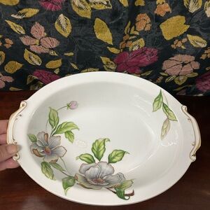 Elegant Floral Oval Serving Dish with lovely dogwood florals with Gold Accents